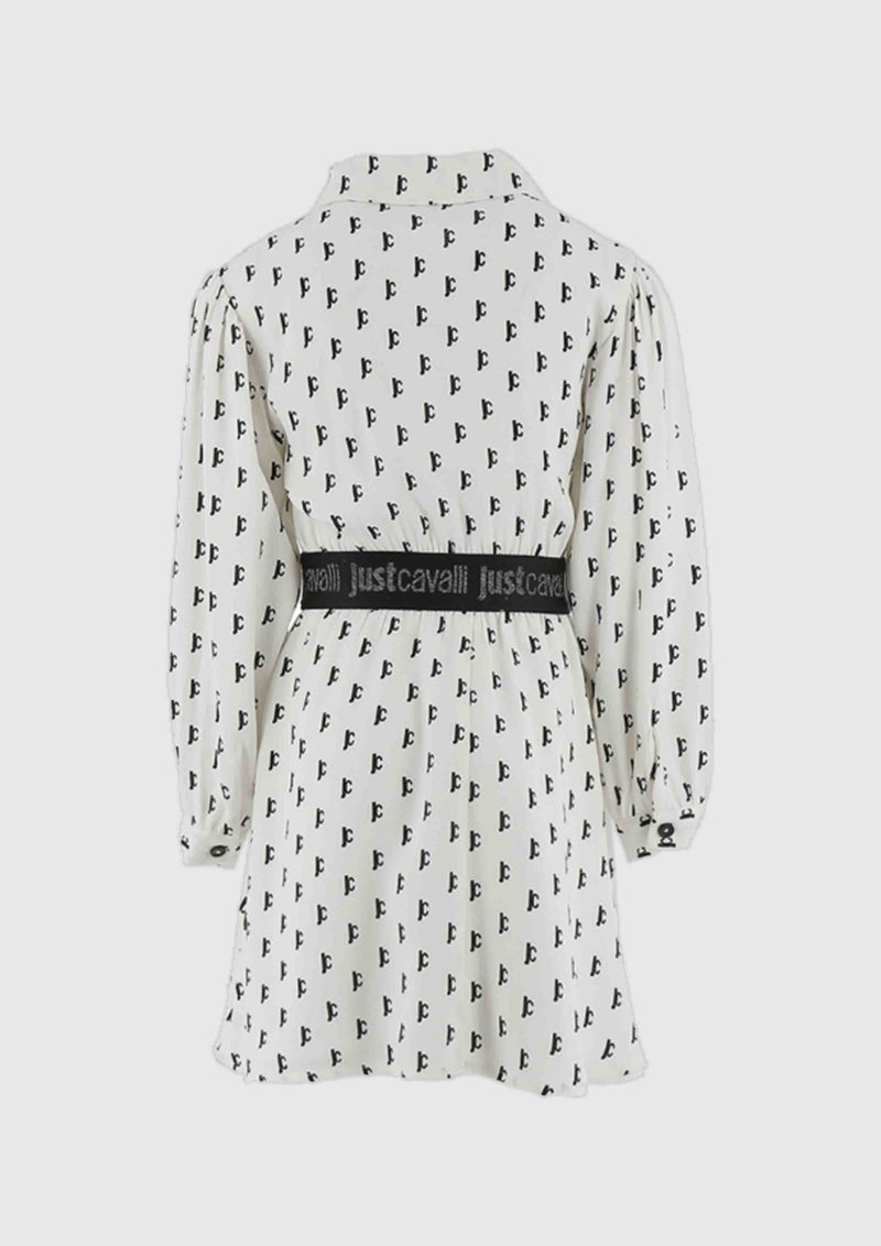 Just Cavalli White Crepe Dress With Monogram Print