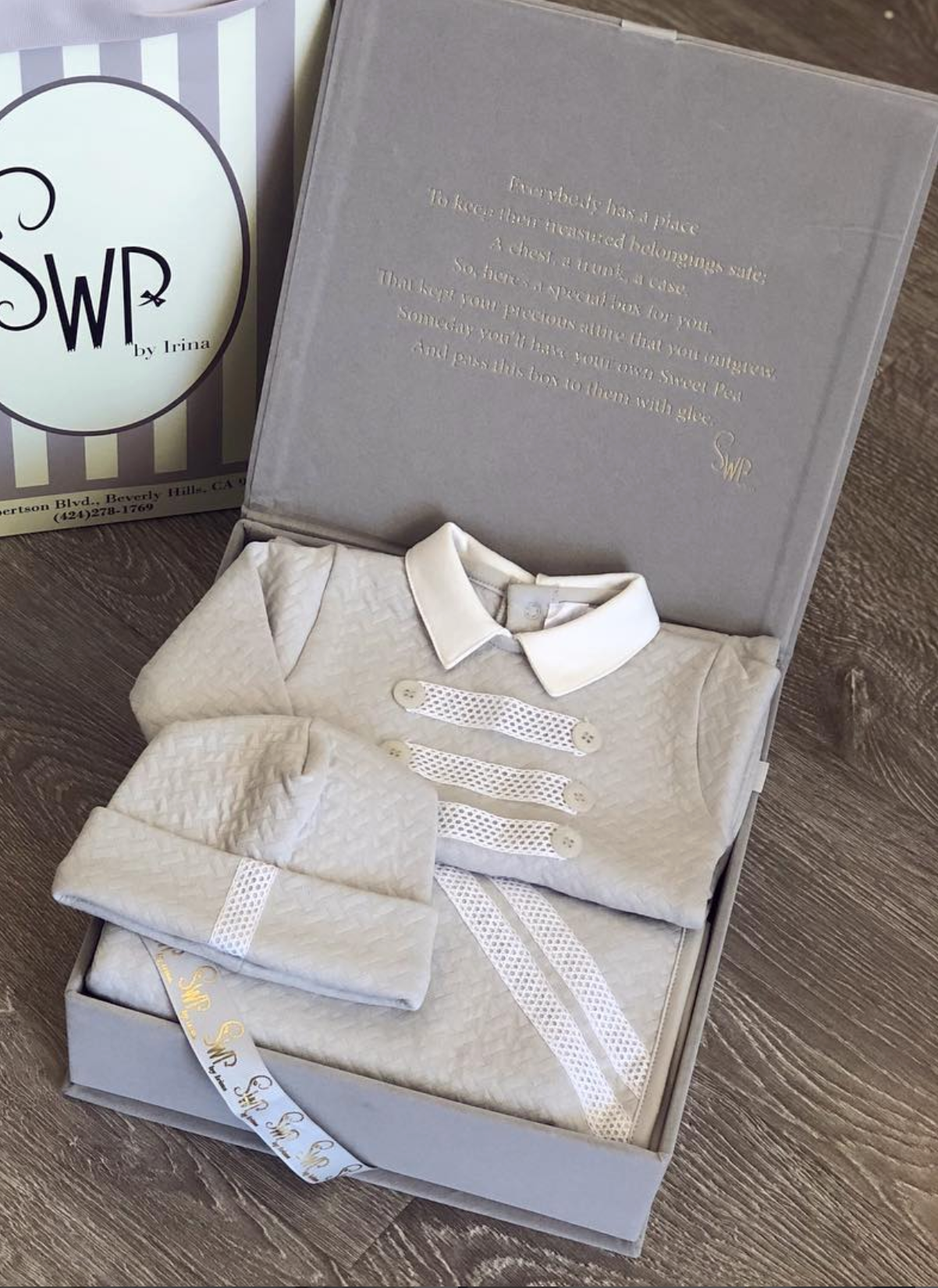 One-of-a-kind Grey 3 Piece Baby Gift Set.