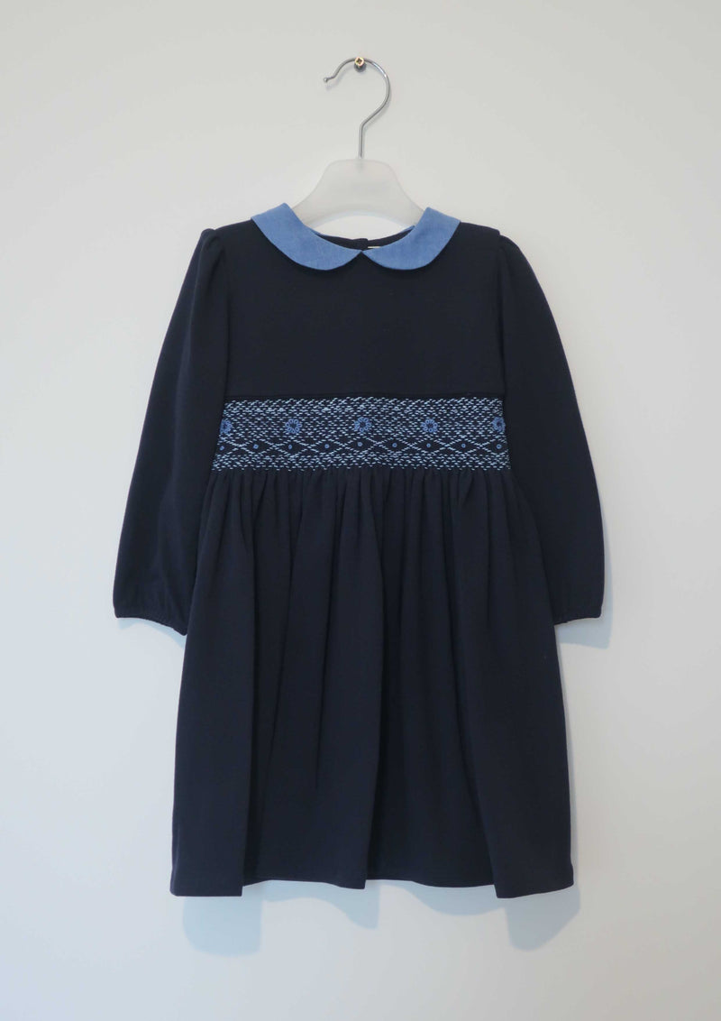 Navy Cotton Jersey Smocked Dress with Blue Collar