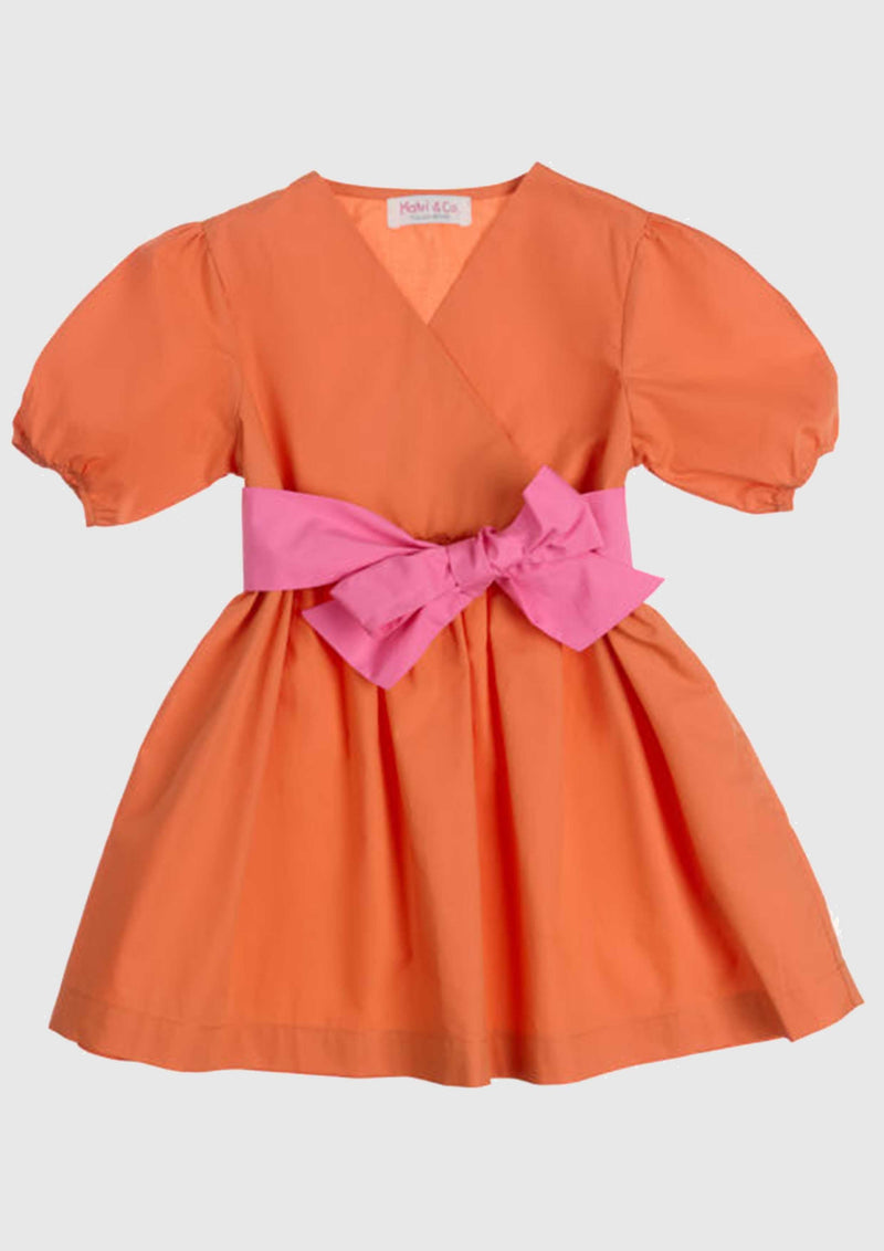 Apricot Poplin Dress with Pink Poplin Belt - Tiny Models