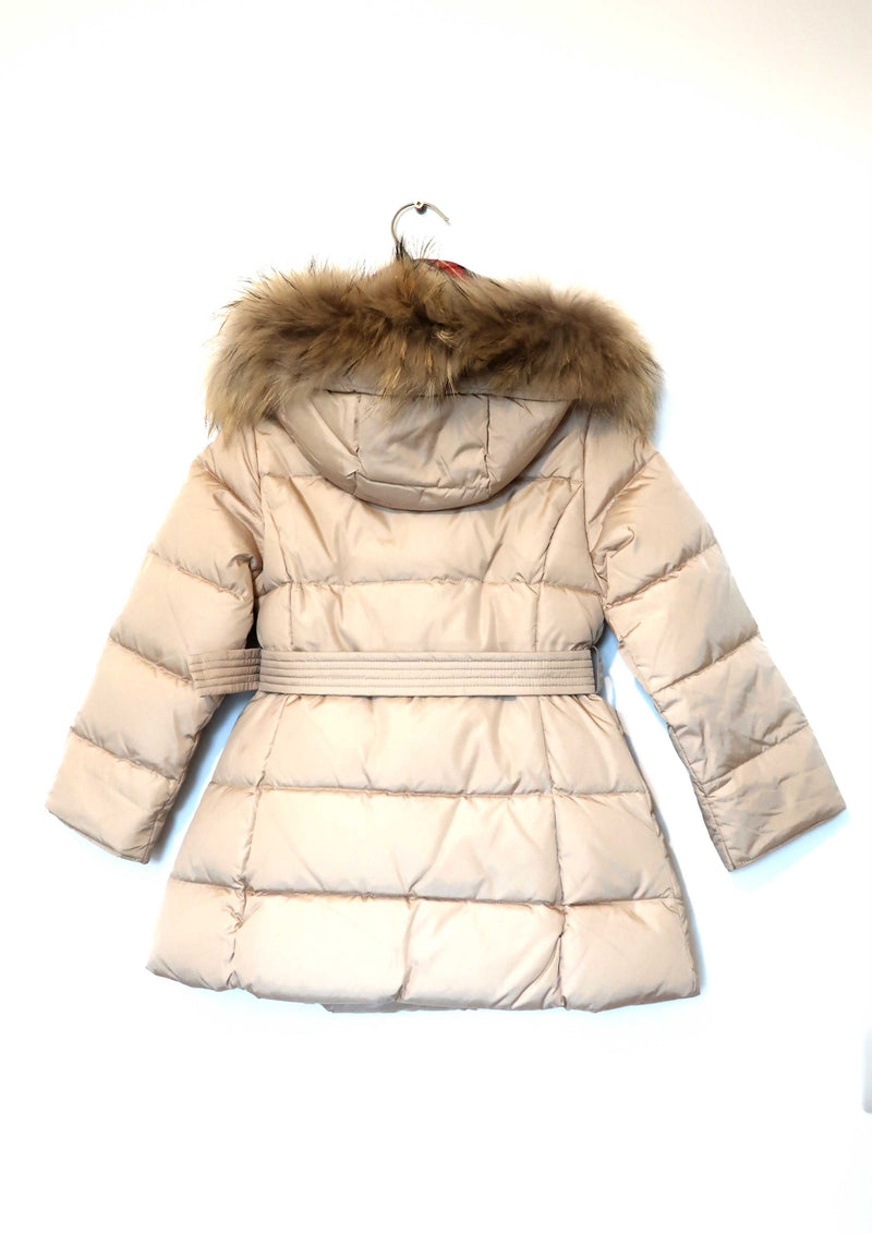 Beige Belted Puffer Coat With Real Fur - Tiny Models