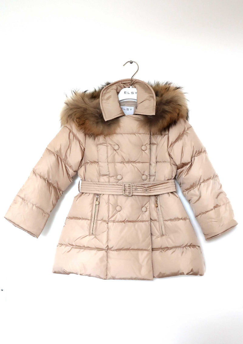 Beige Belted Puffer Coat With Real Fur - Tiny Models