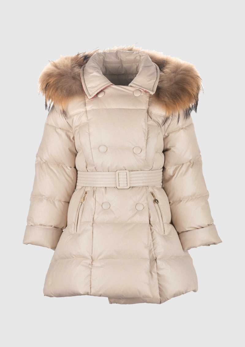 Beige Belted Puffer Coat With Real Fur - Tiny Models