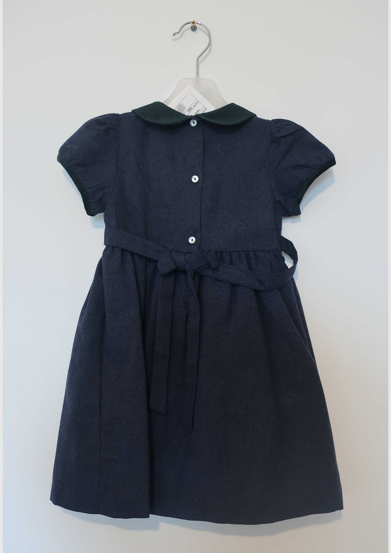 Chambray smocked dress with green velvet collar - Tiny Models