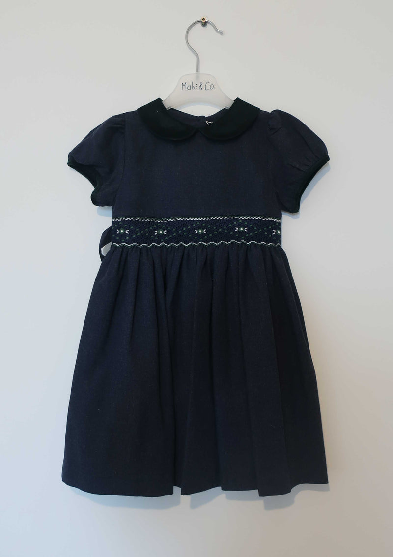 Chambray smocked dress with green velvet collar - Tiny Models