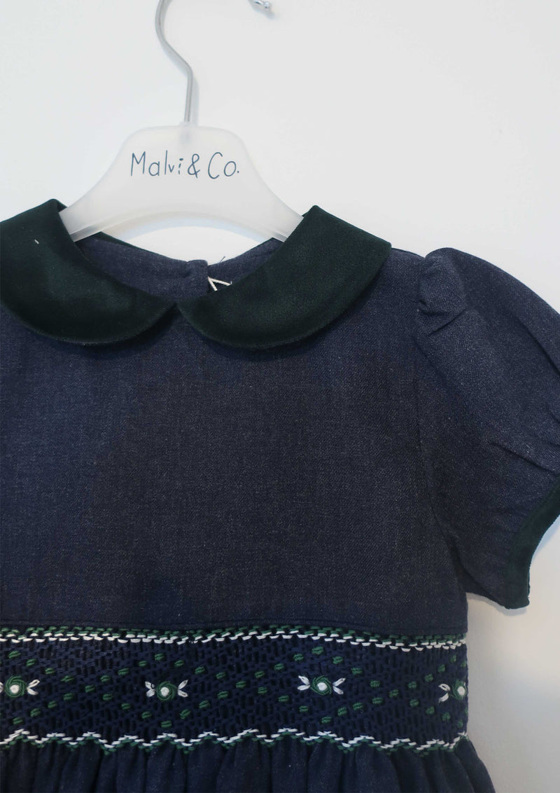 Chambray smocked dress with green velvet collar - Tiny Models